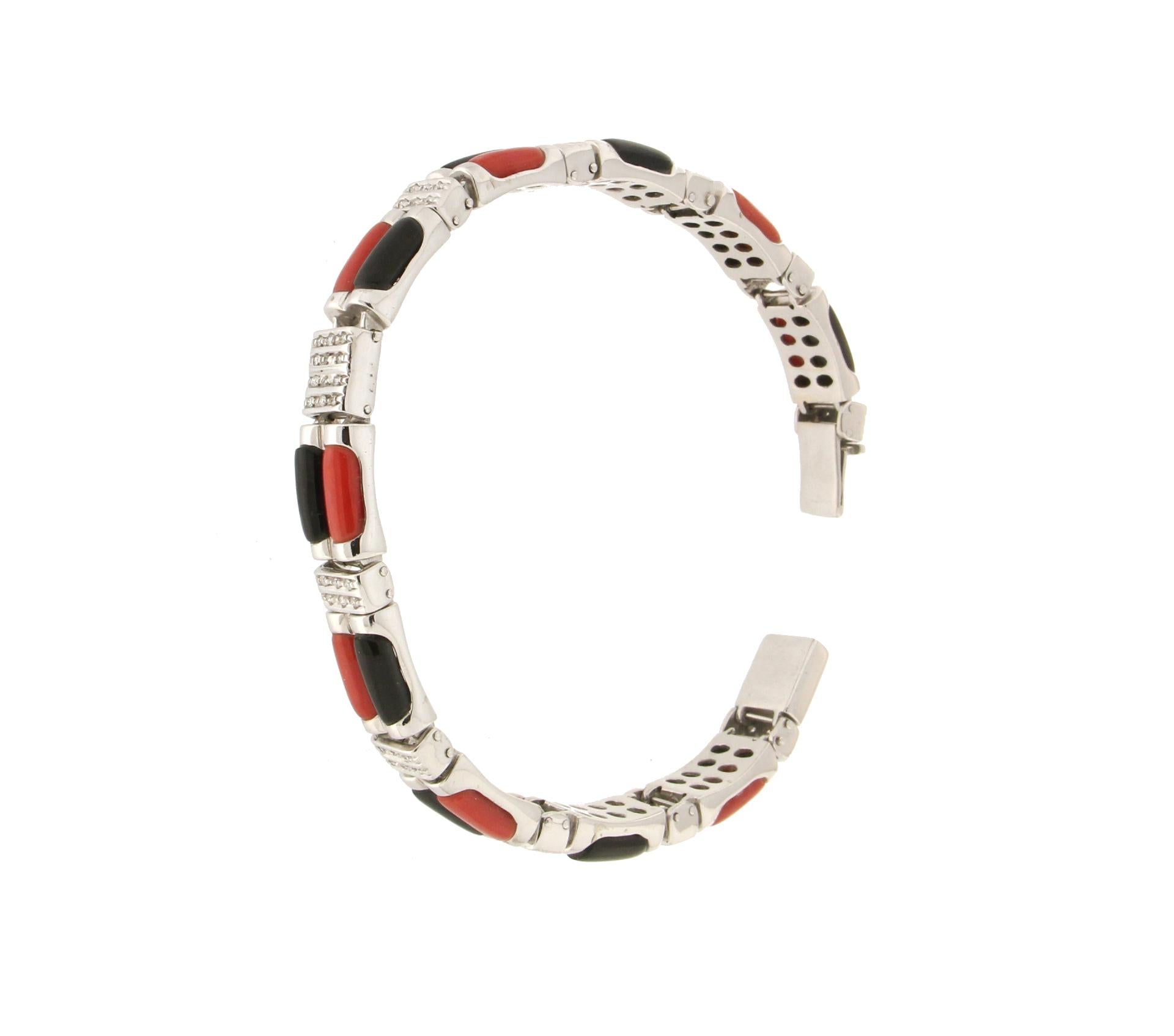 Handcraft Sardinian Coral 18 Karat White Gold Onyx Diamonds Cuff Bracelet For Sale 1