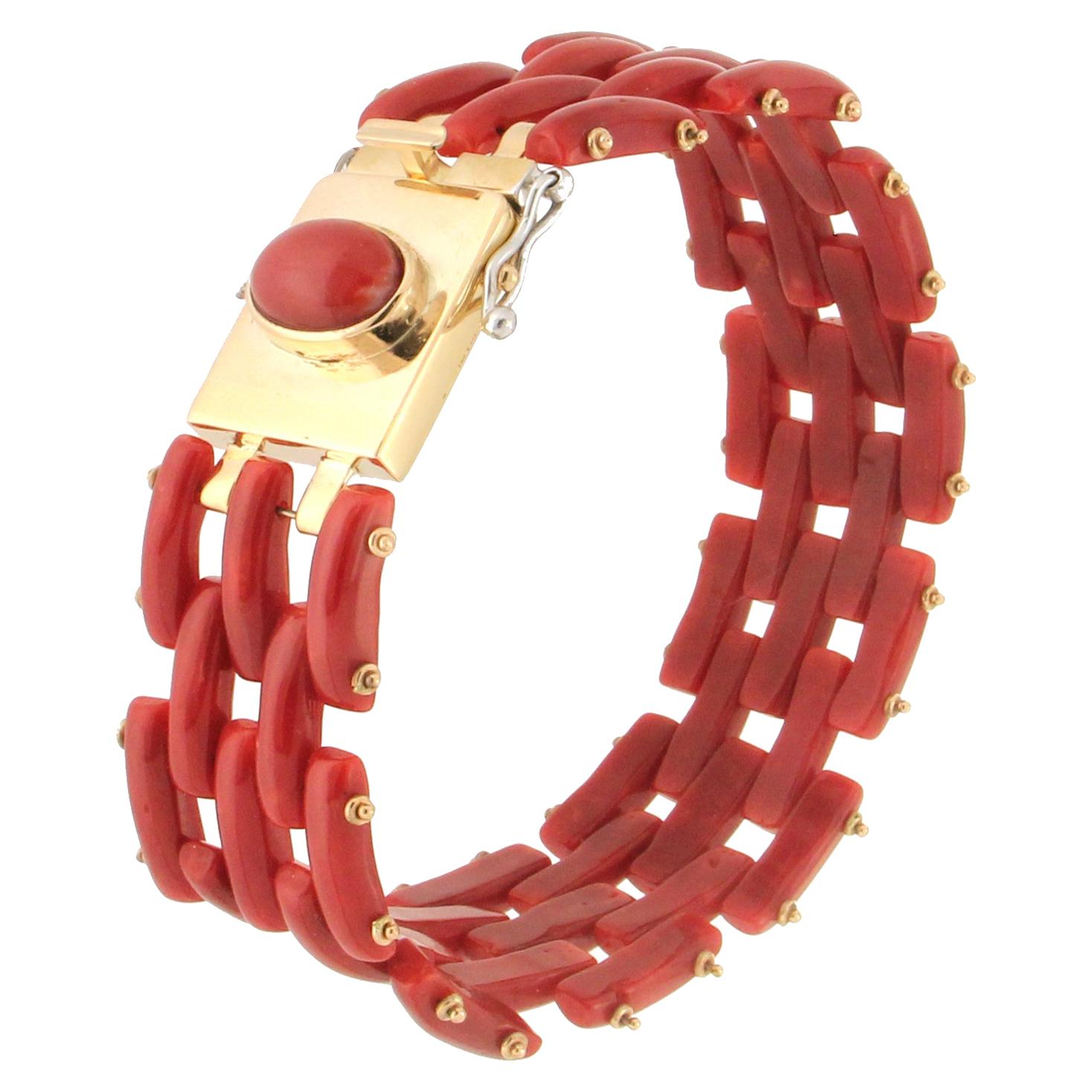 Handcraft Sardinian Coral 18 Karat Yellow and White Gold Cuff Bracelet For Sale