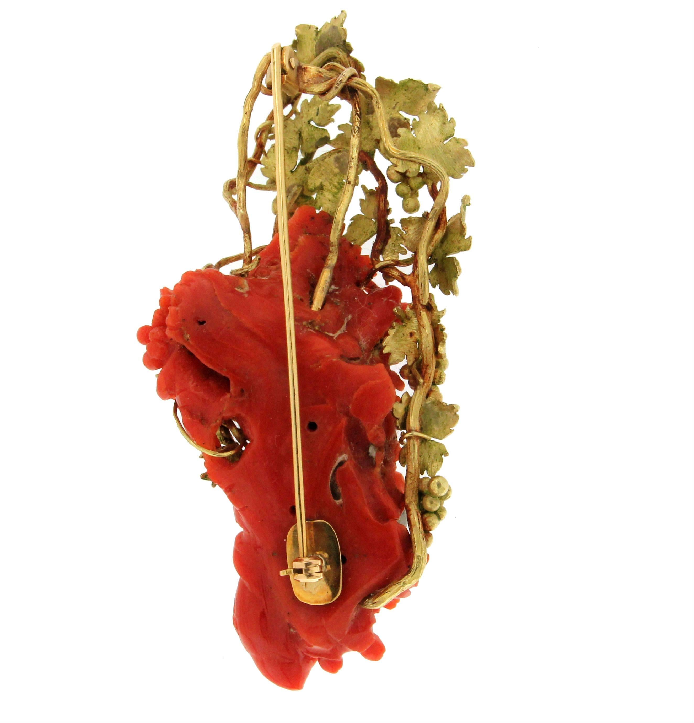 Artisan Handcraft Sardinian Coral 18 Karat Yellow Gold Christ Brooch For Sale