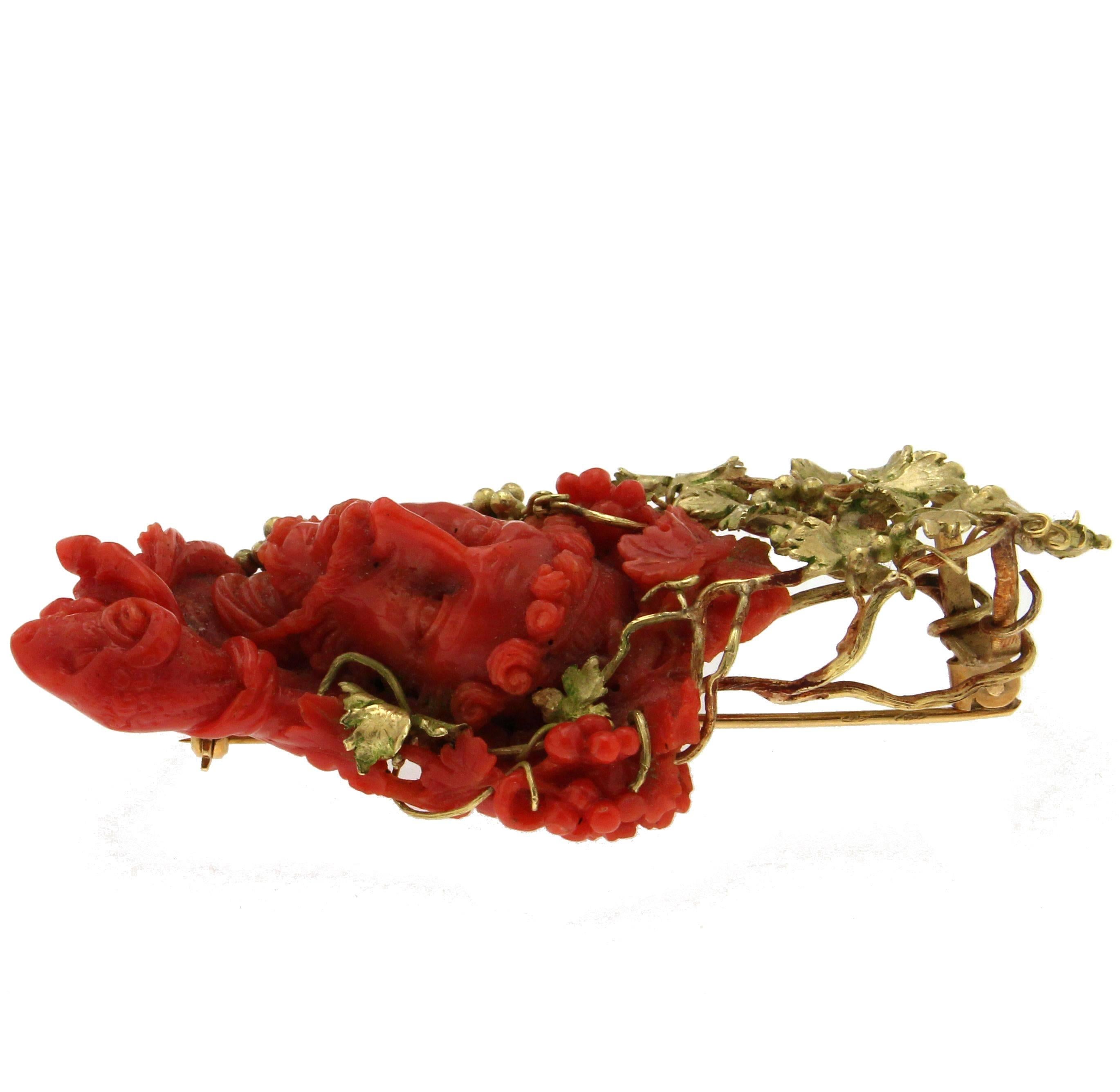Women's or Men's Handcraft Sardinian Coral 18 Karat Yellow Gold Christ Brooch For Sale