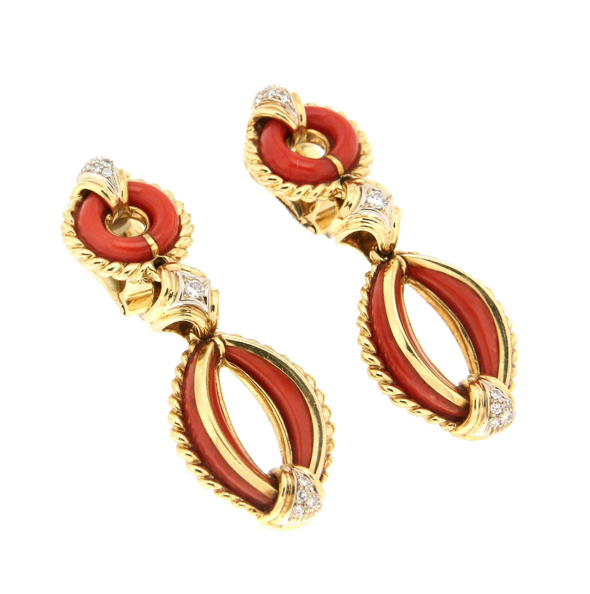 Retro Handcraft Sardinian Coral 18 Karat Yellow Gold Clip-On Earrings For Sale