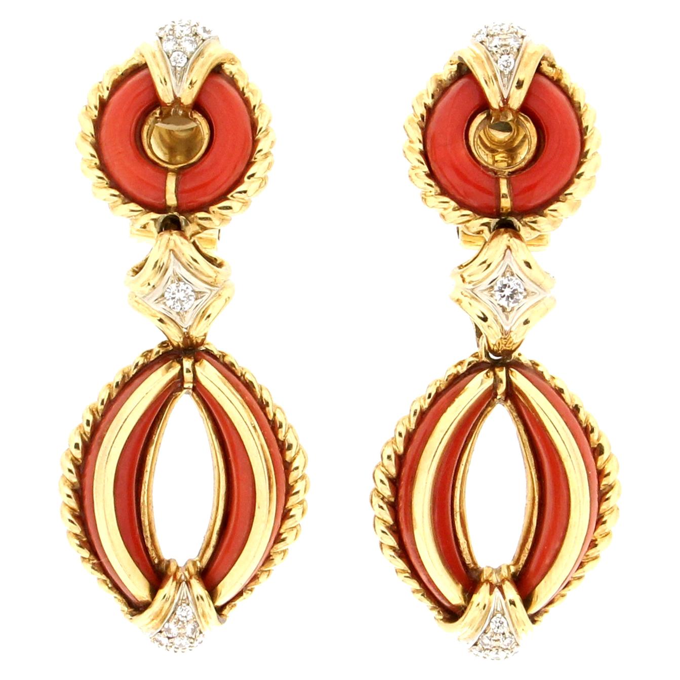 Handcraft Sardinian Coral 18 Karat Yellow Gold Clip-On Earrings For Sale
