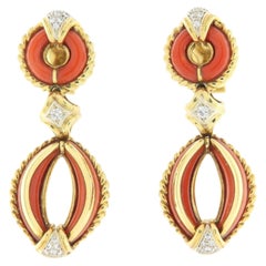 1950s Vintage Sardinian Red Coral and Diamond Drop Earrings in 18K Yellow Gold