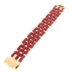 Handcraft Sardinian Coral 18 Karat Yellow Gold Cuff Bracelet