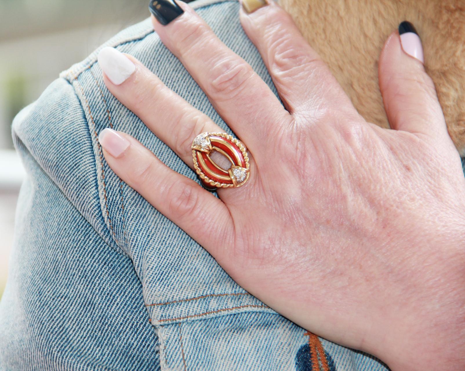 Handcraft Sardinian Coral 18 Karat Yellow Gold Diamonds Cocktail Ring For Sale 2