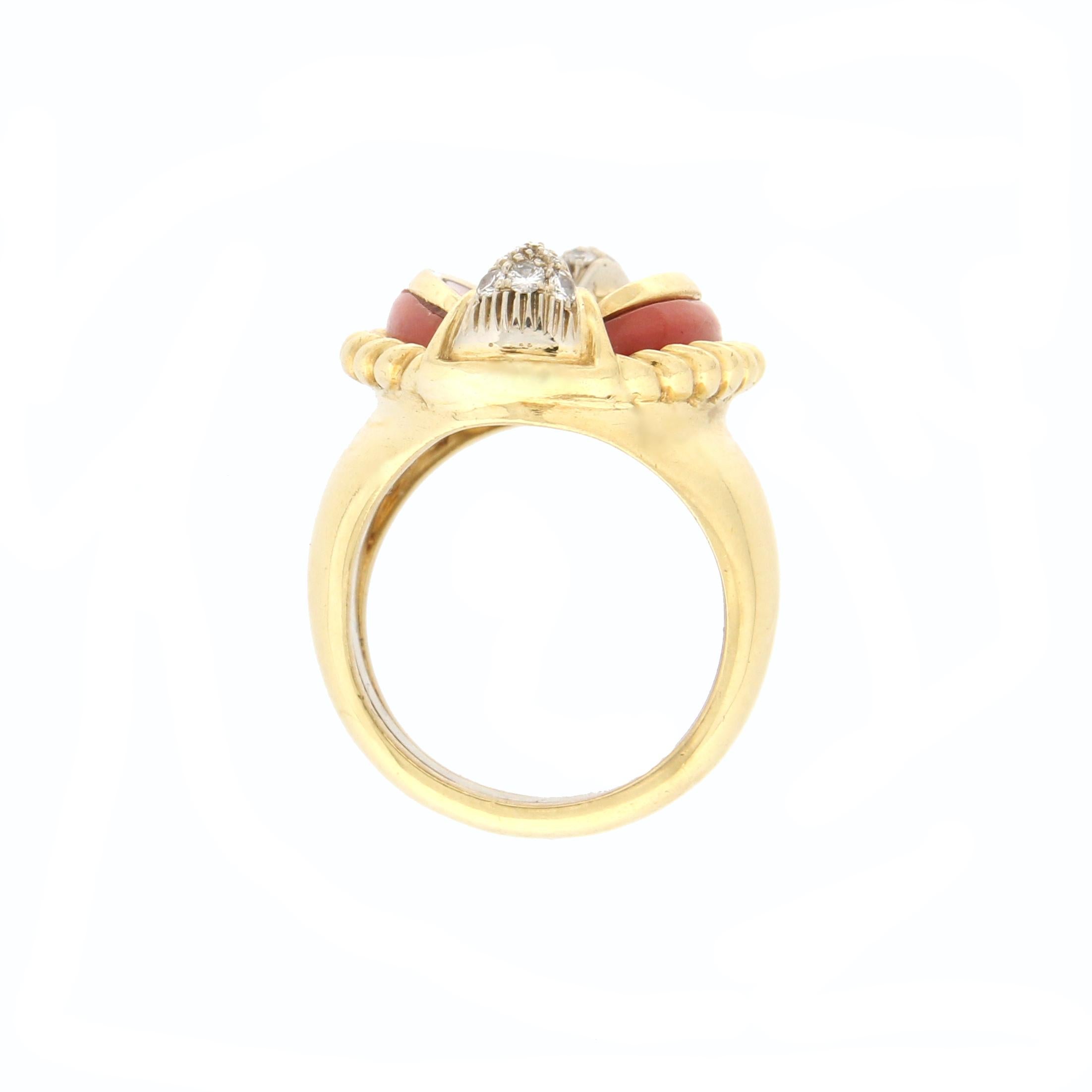 Retro Handcraft Sardinian Coral 18 Karat Yellow Gold Diamonds Cocktail Ring For Sale