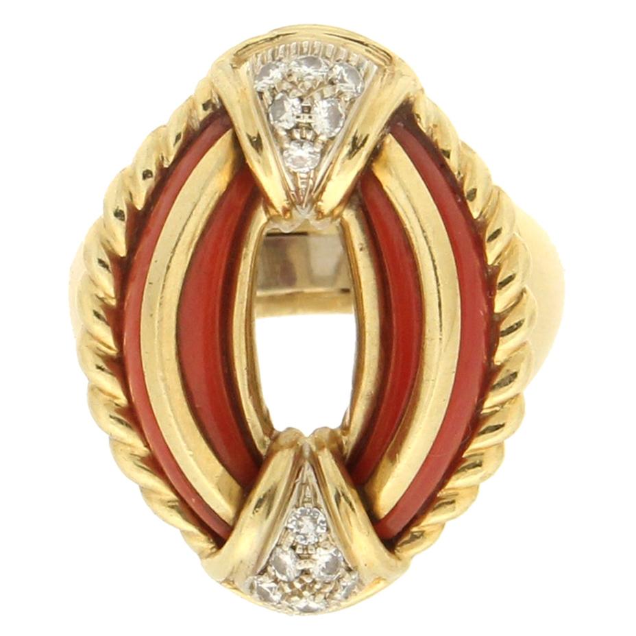 Handcraft Sardinian Coral 18 Karat Yellow Gold Diamonds Cocktail Ring For Sale