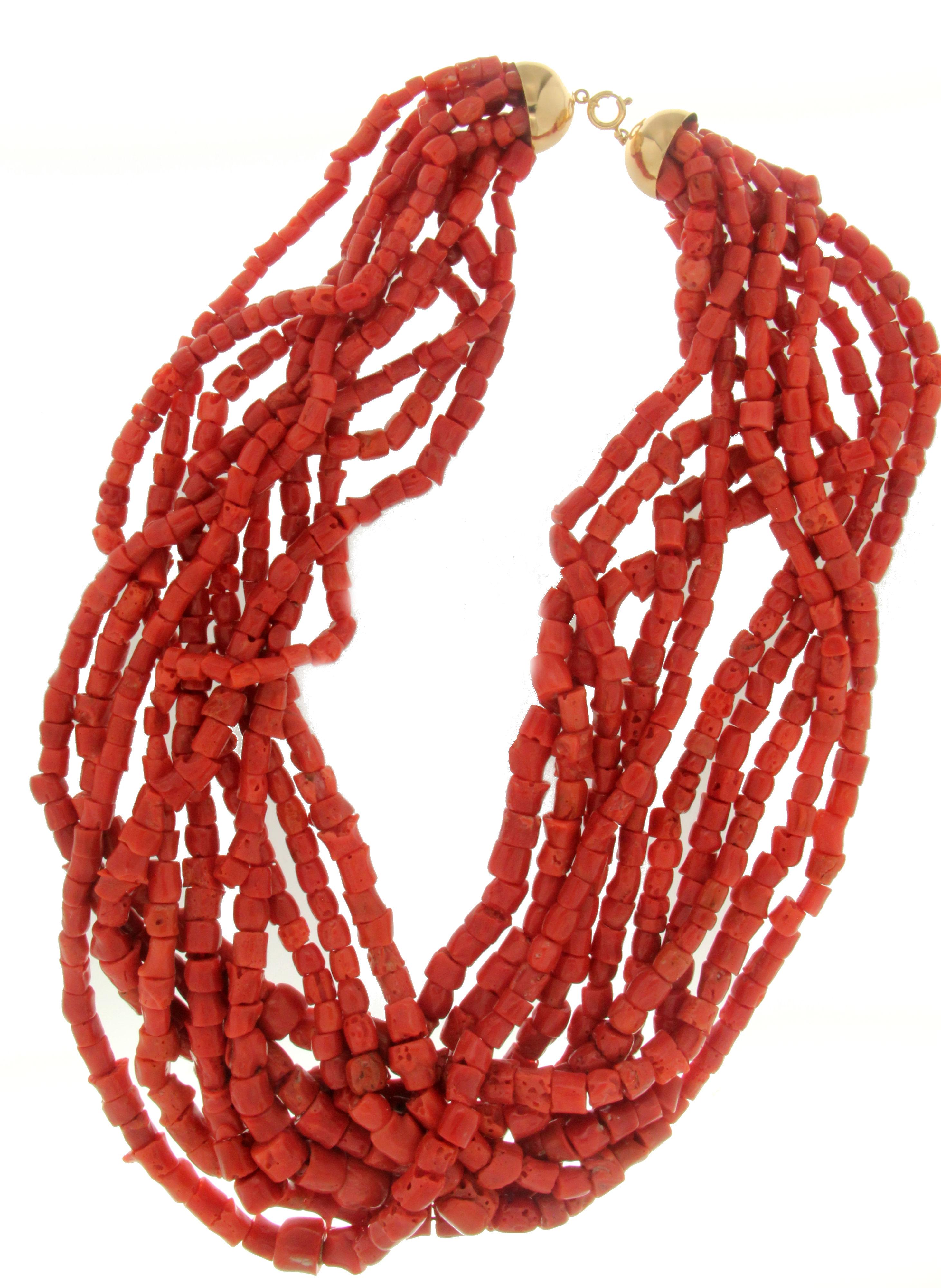 Artisan Handcraft Sardinian Coral 18 Karat Yellow Gold Multi-Strands Necklace