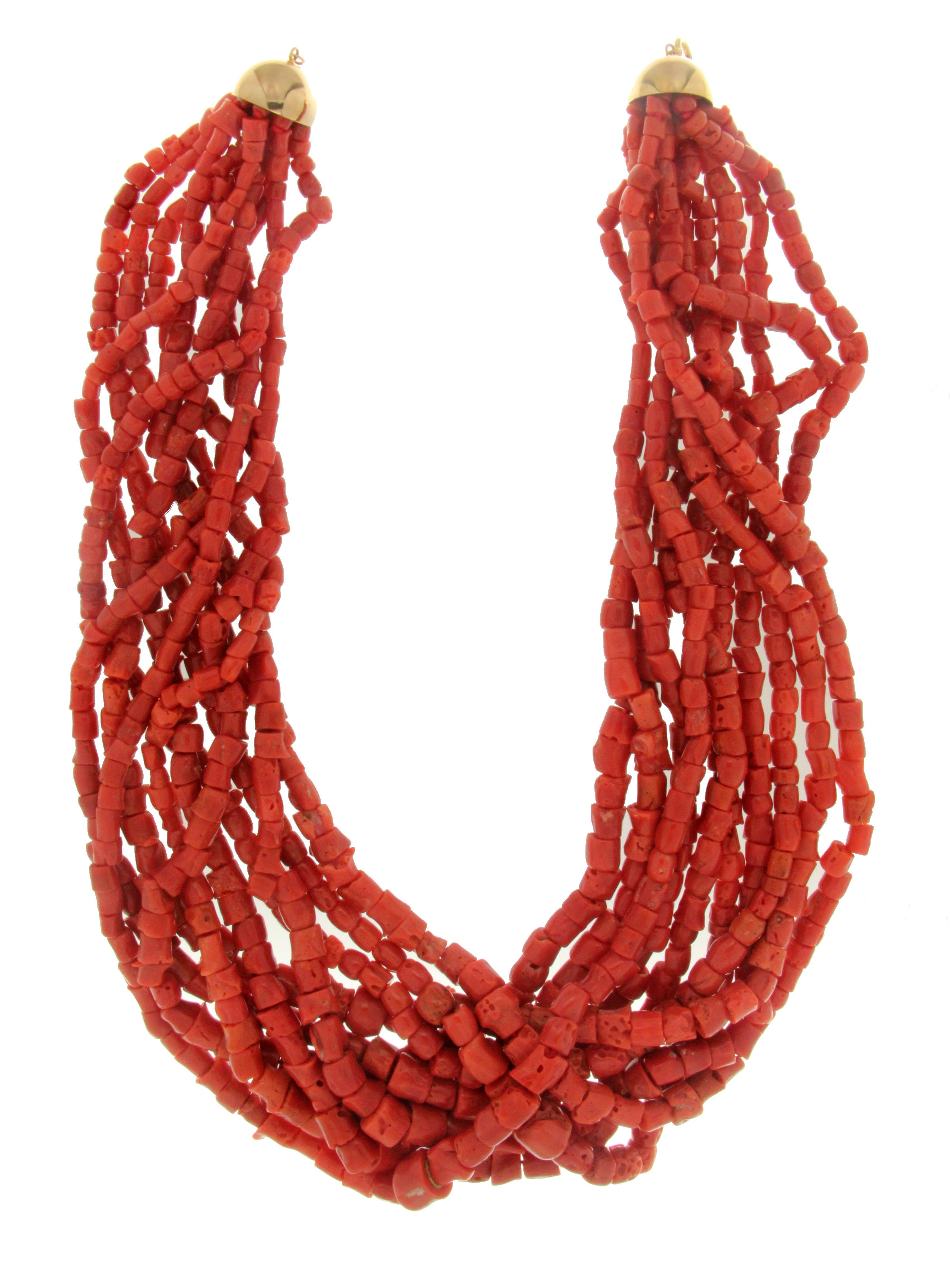 Bead Handcraft Sardinian Coral 18 Karat Yellow Gold Multi-Strands Necklace