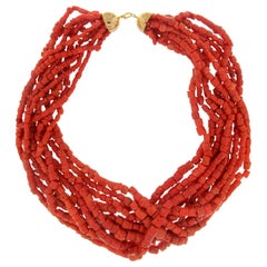 Handcraft Sardinian Coral 18 Karat Yellow Gold Multi-Strands Necklace