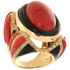 Handcraft Sardinian Coral 18 Karat Yellow Gold Onyx Diamonds Cocktail Ring