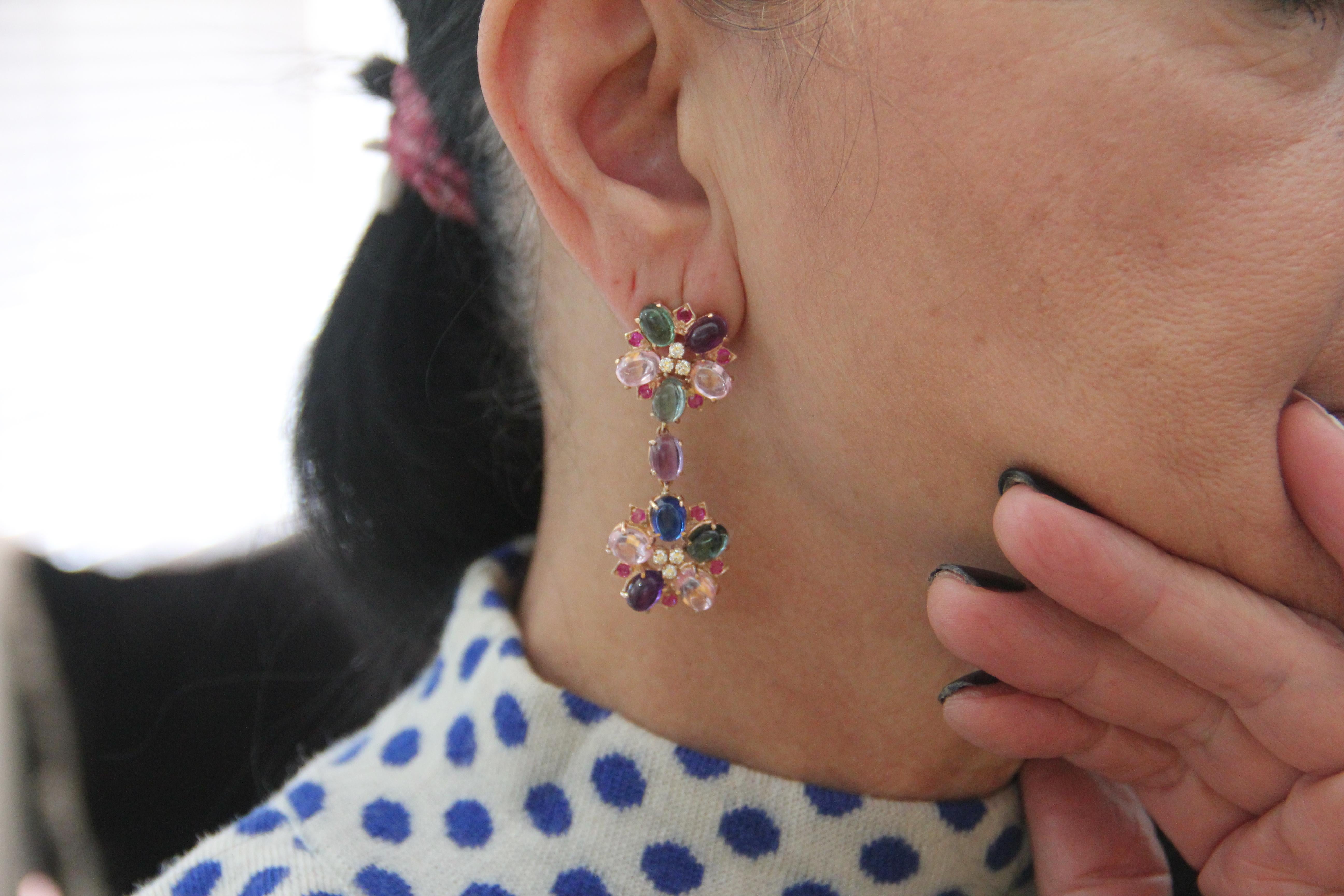 Handcraft Semiprecious Stones 14 Karat Yellow Gold Diamonds Ruby Drop Earrings For Sale 4