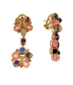 Handcraft Semiprecious Stones 14 Karat Yellow Gold Diamonds Ruby Drop Earrings