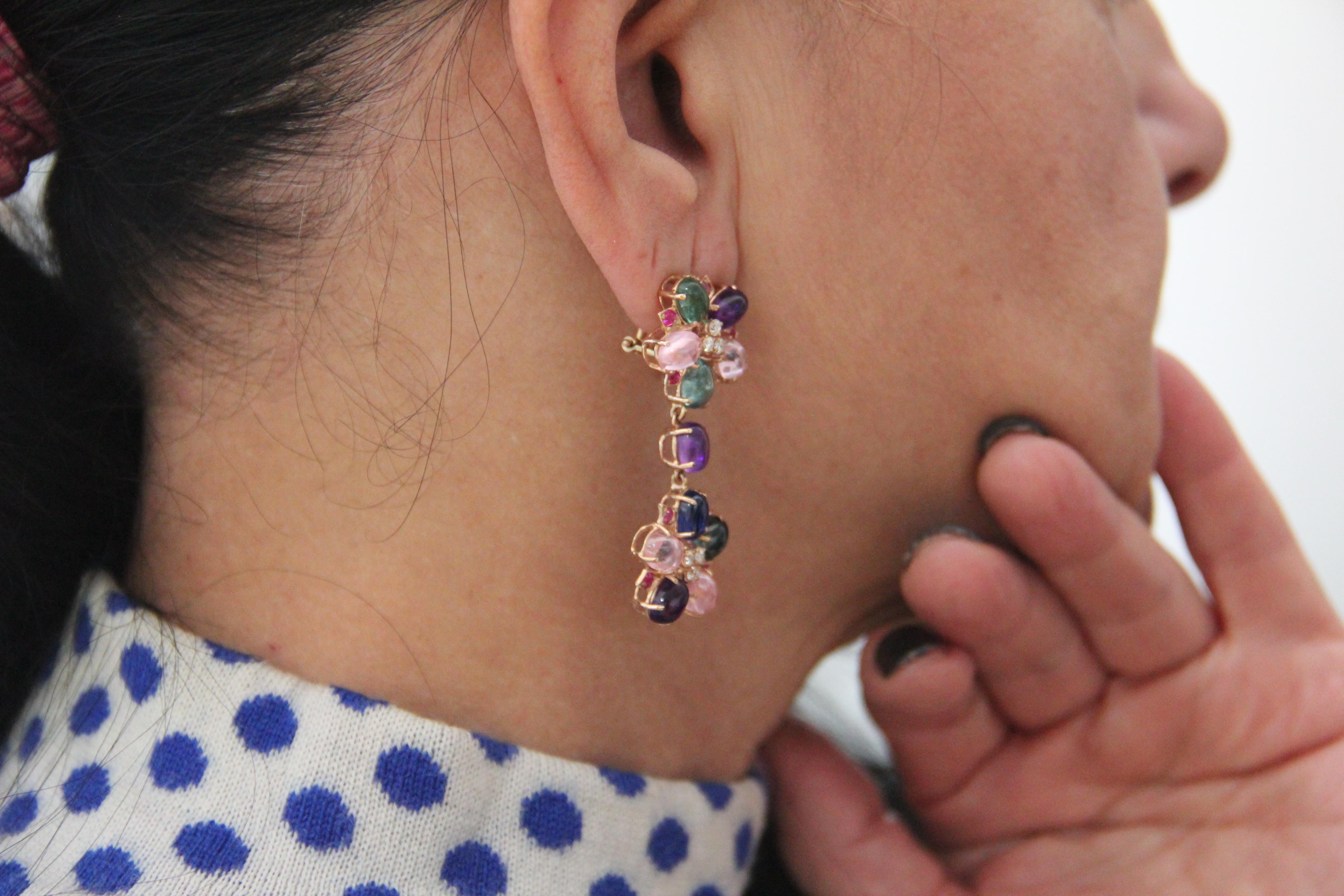 Handcraft Semiprecious Stones 14 Karat Yellow Gold Diamonds Ruby Drop Earrings For Sale 3