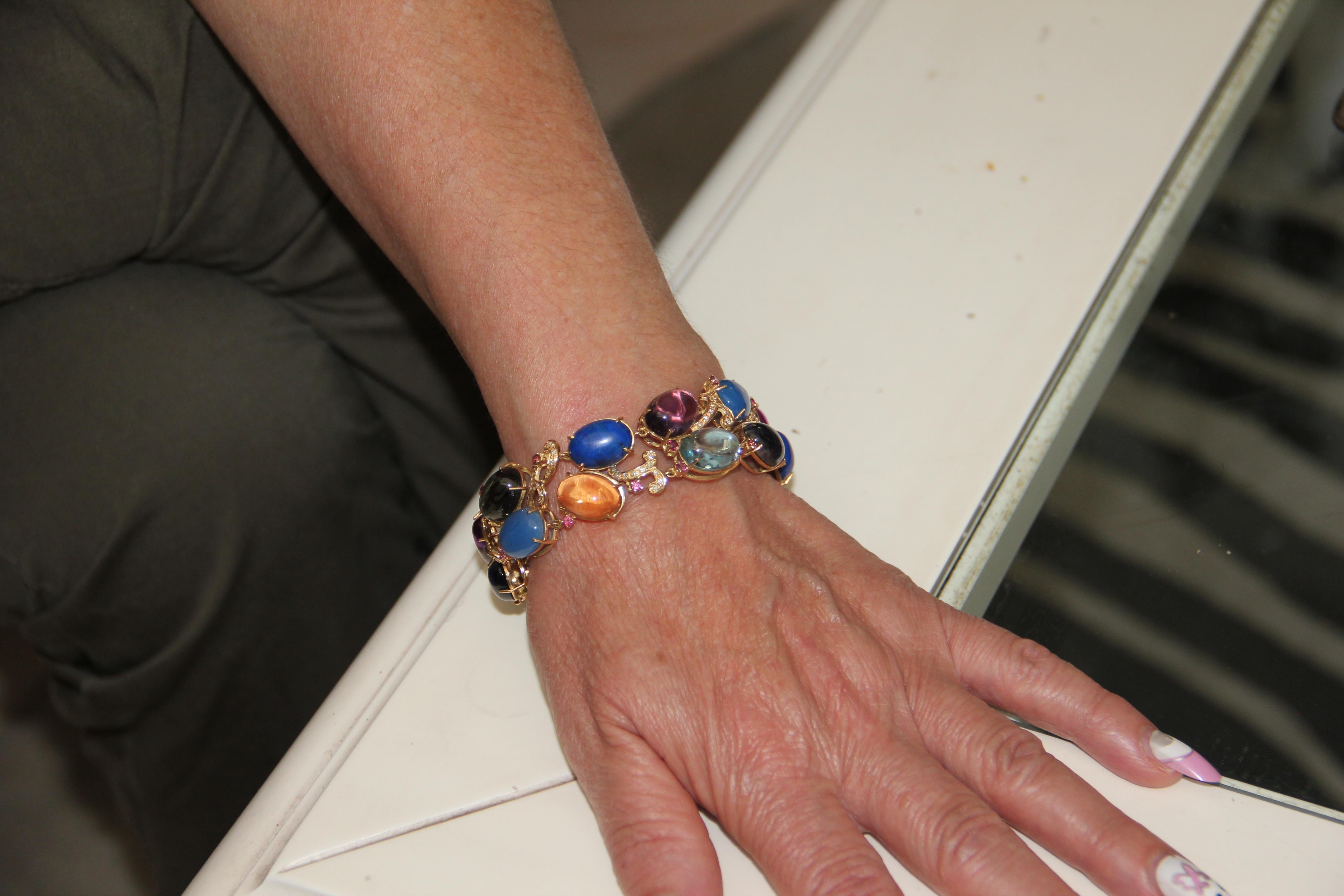 Handcraft Semiprecious Stones 18 Karat Yellow Gold Diamonds Cuff Bracelet For Sale 7