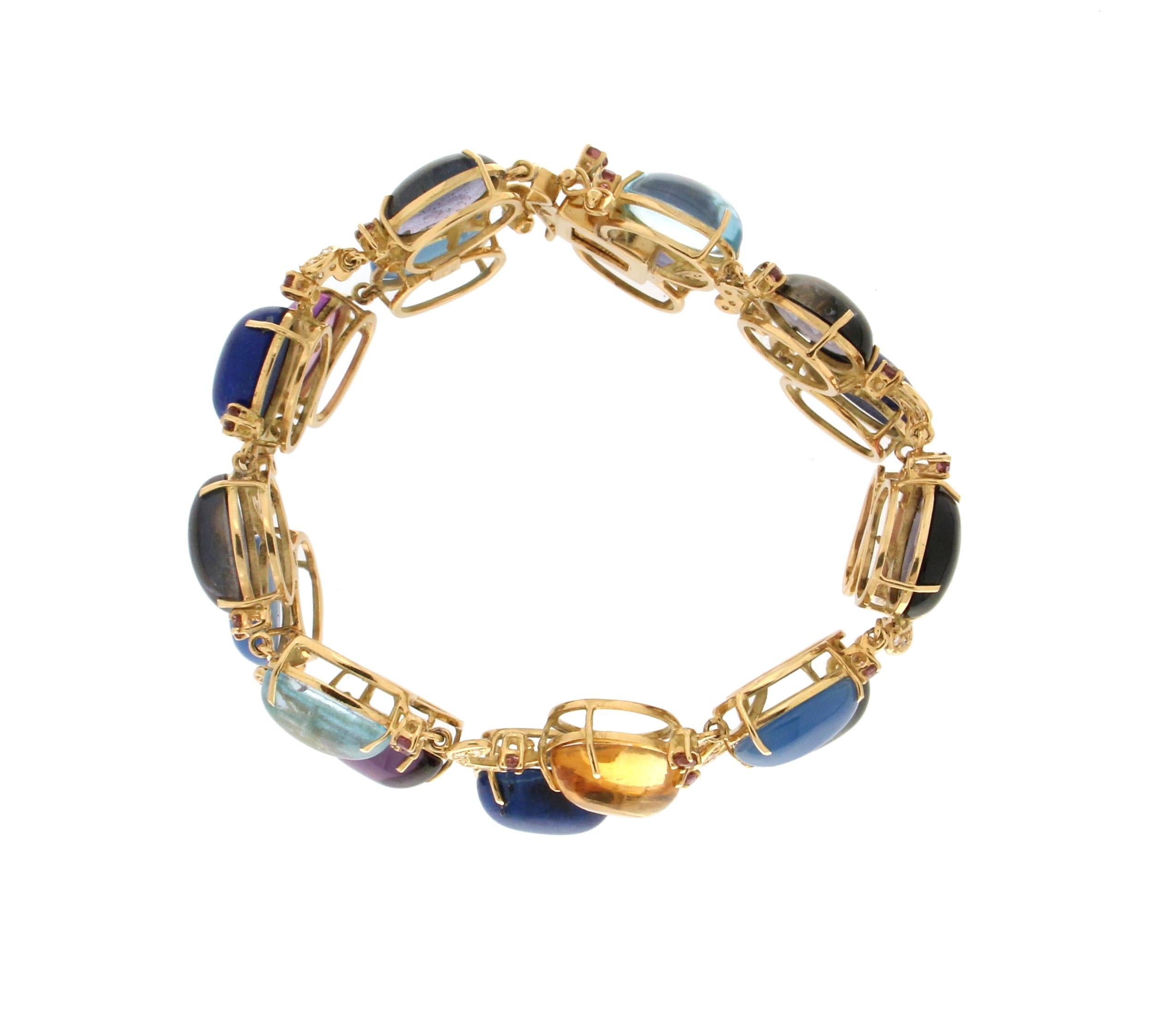 Artisan Handcraft Semiprecious Stones 18 Karat Yellow Gold Diamonds Cuff Bracelet For Sale