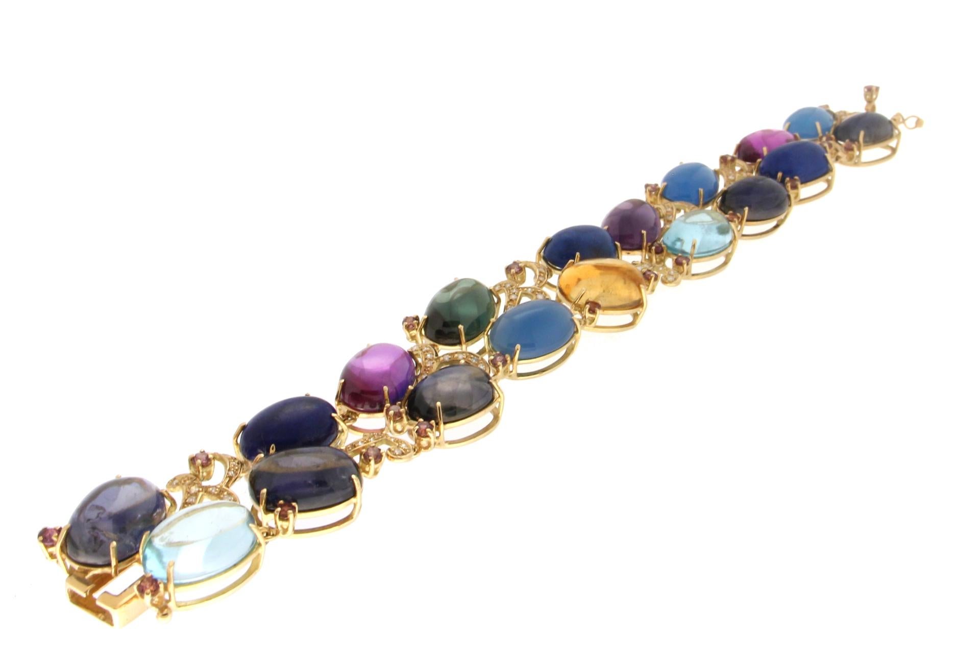 Handcraft Semiprecious Stones 18 Karat Yellow Gold Diamonds Cuff Bracelet In New Condition For Sale In Marcianise, IT