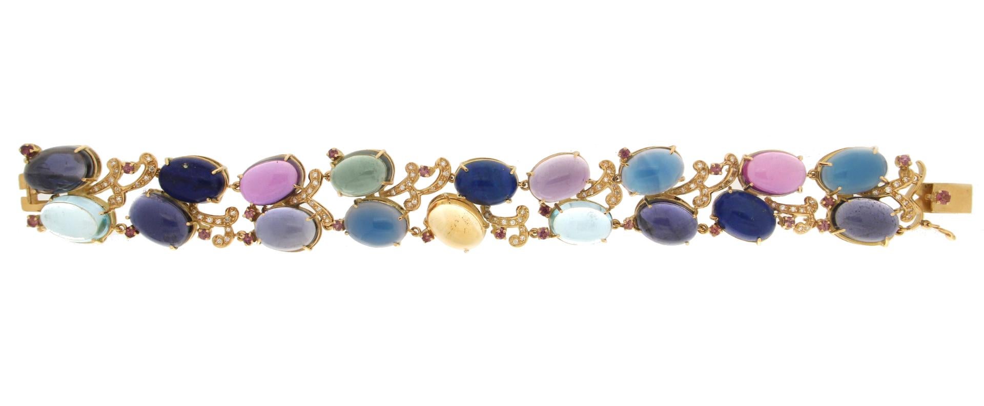 Women's or Men's Handcraft Semiprecious Stones 18 Karat Yellow Gold Diamonds Cuff Bracelet For Sale