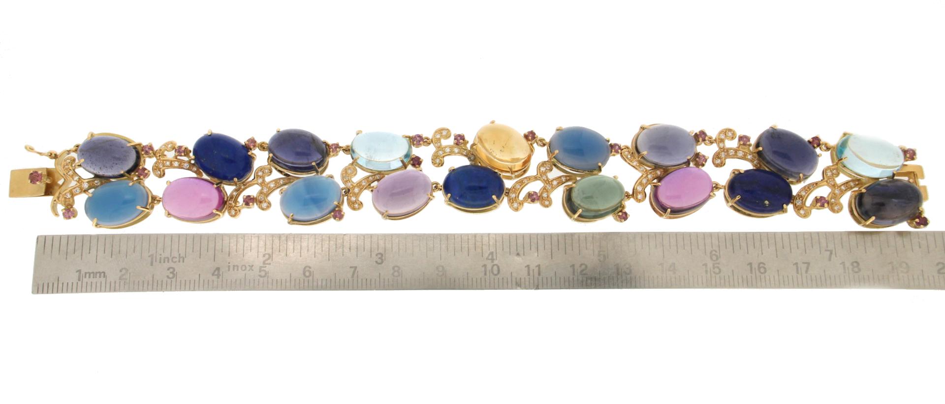 Handcraft Semiprecious Stones 18 Karat Yellow Gold Diamonds Cuff Bracelet For Sale 1