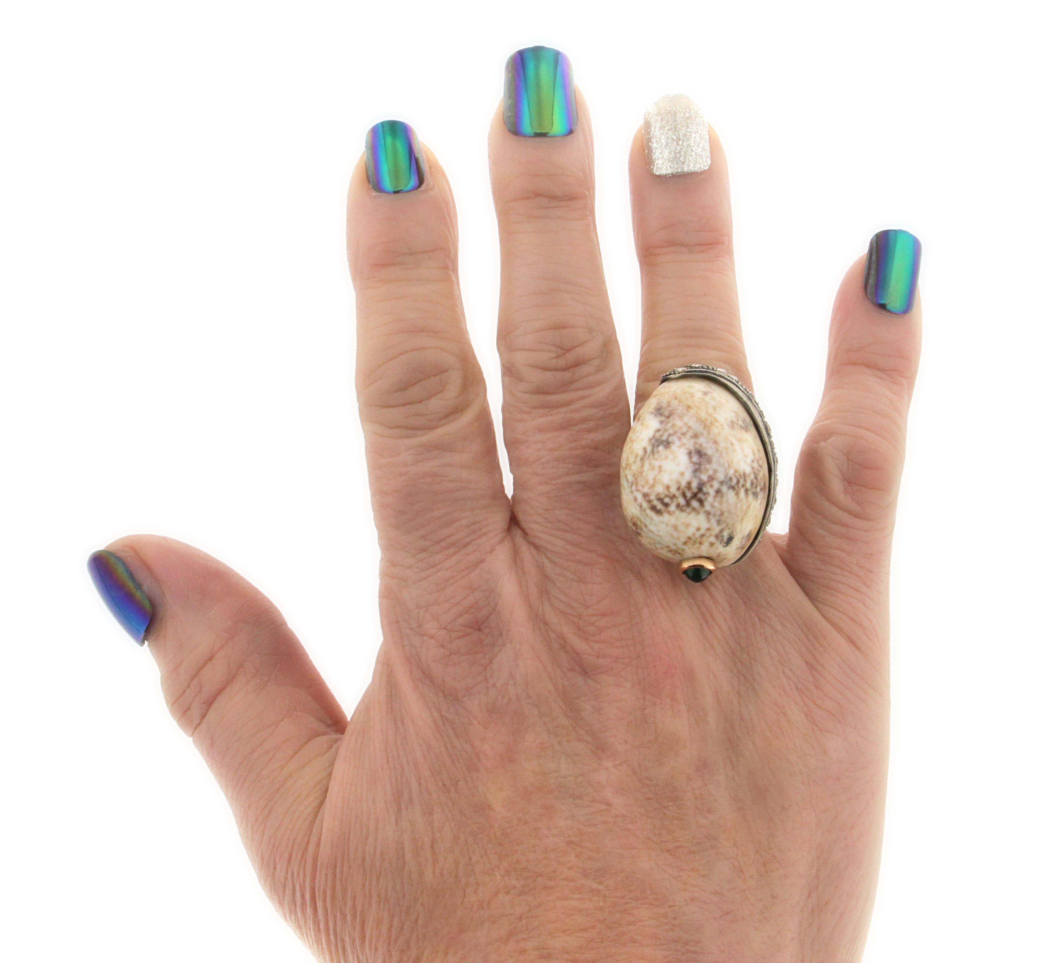 Handcraft Shell 14 Karat Yellow Gold Rose Cut Diamonds Cocktail Ring For Sale 9