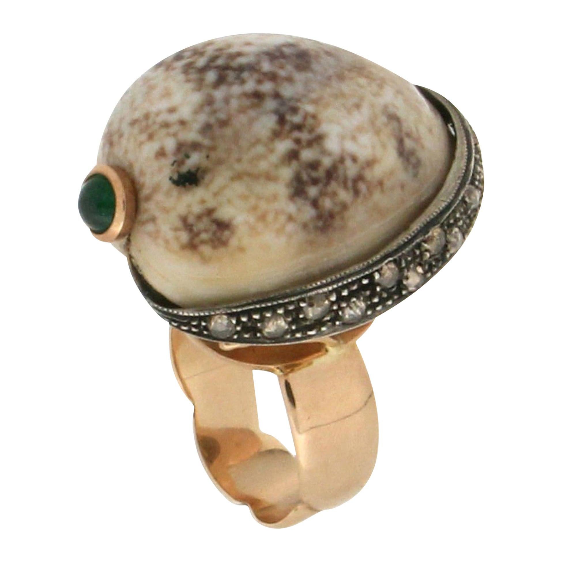 Handcraft Shell 14 Karat Yellow Gold Rose Cut Diamonds Cocktail Ring For Sale