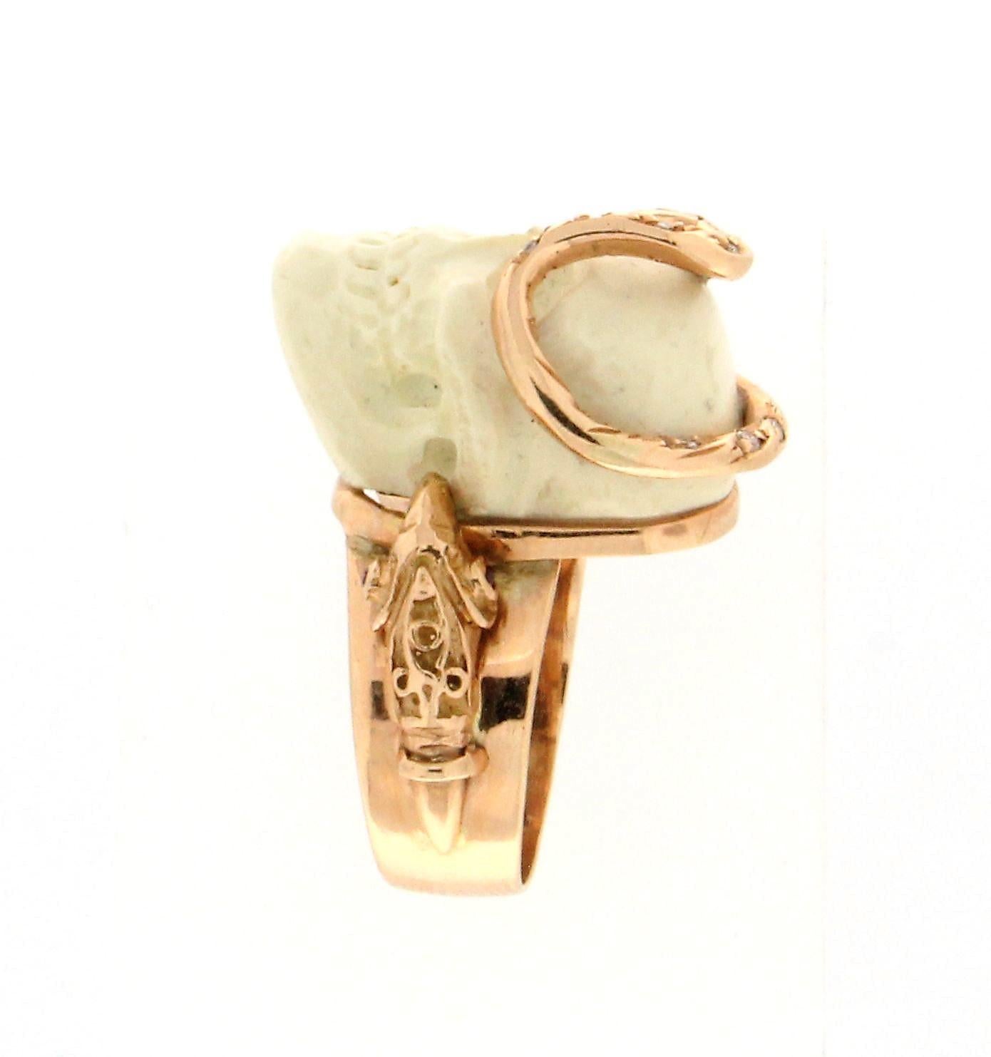 Women's or Men's Handcraft Skull 14 Karat Yellow Gold Diamonds Cocktail Ring