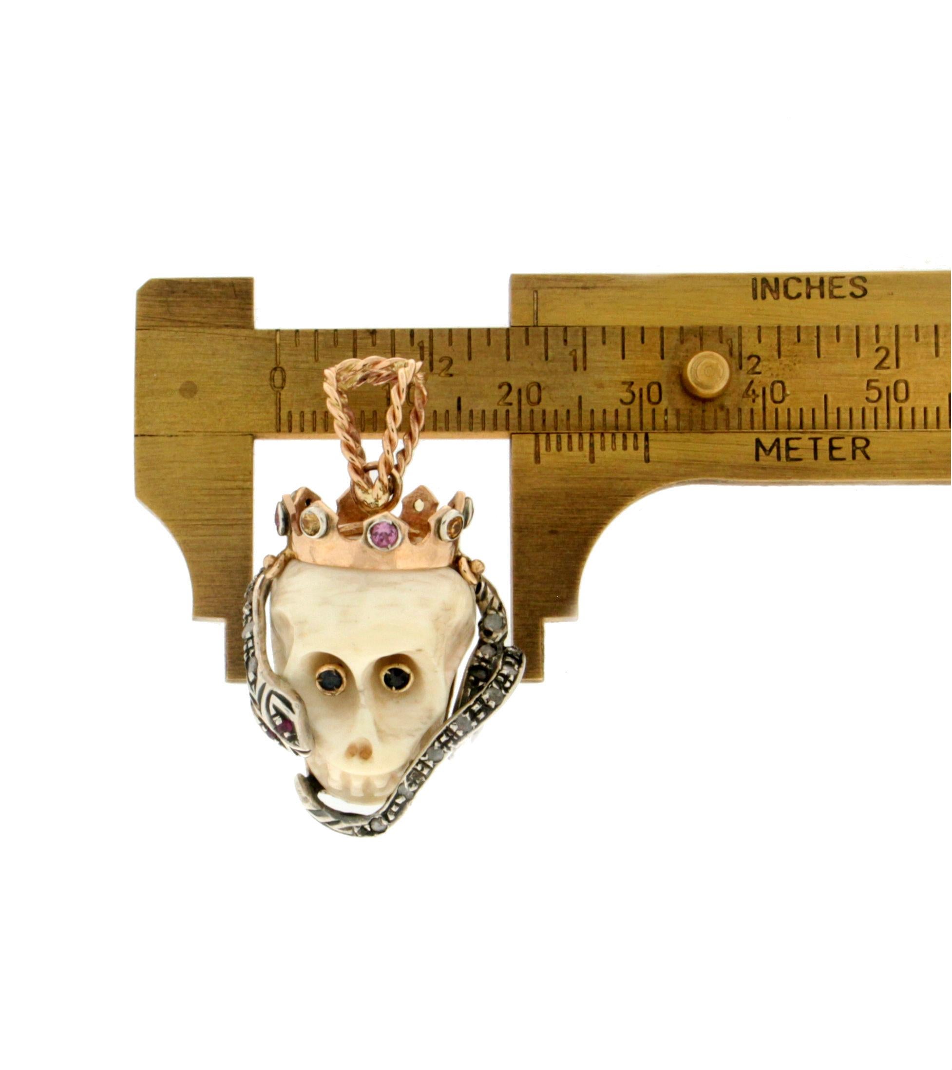 Women's or Men's Handcraft Skull 14 Karat Yellow Gold Diamonds Pendant Necklace For Sale