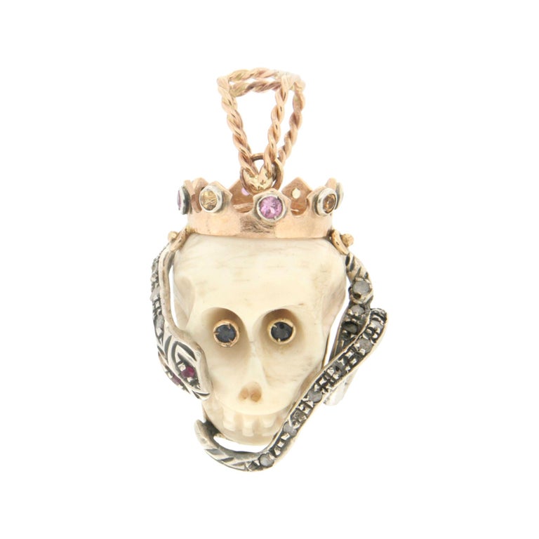 Handcraft Skull 14 Karat Yellow Gold Diamonds Pendant Necklace For Sale ...