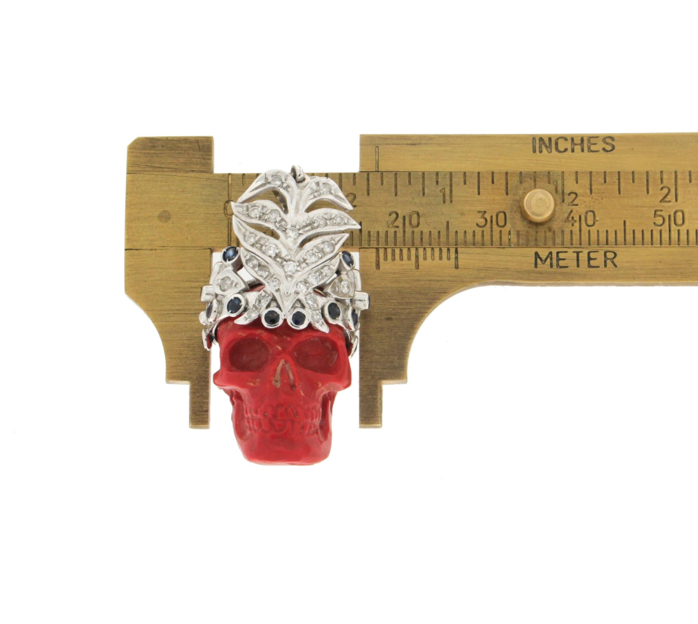 Uncut Handcraft Skull 18 Karat White Gold Diamonds Sapphires Pendant Necklace For Sale