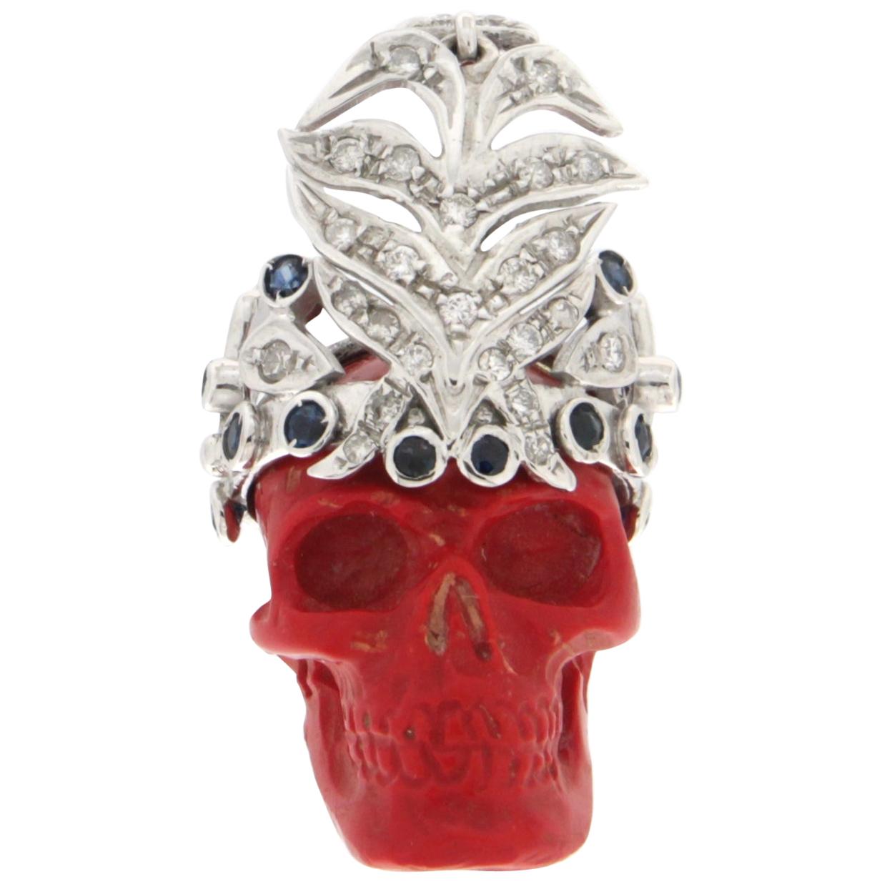 Handcraft Skull 18 Karat White Gold Diamonds Sapphires Pendant Necklace For Sale
