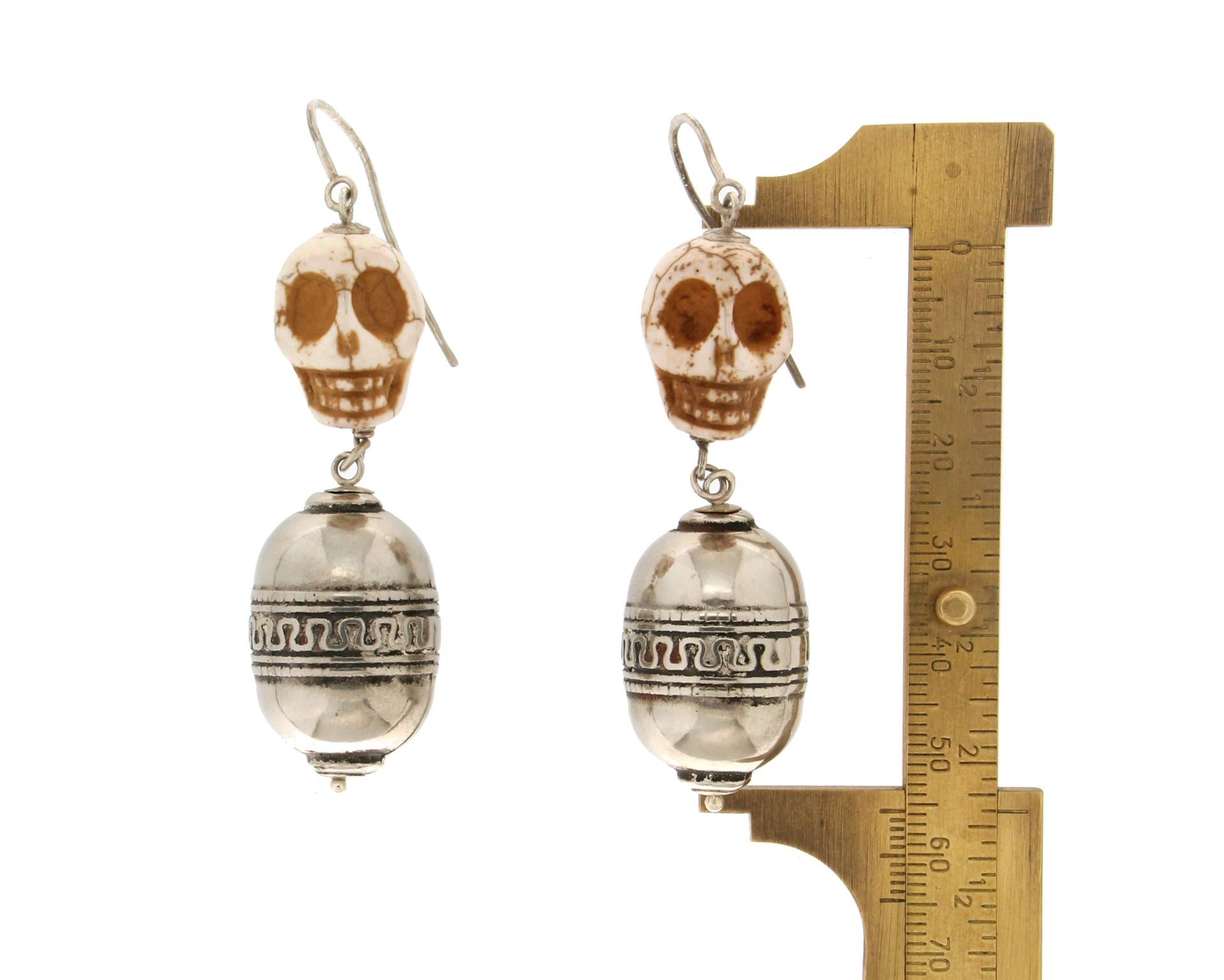 Handcraft Skull 800 thousandth Silver Drop Earrings In New Condition For Sale In Marcianise, IT