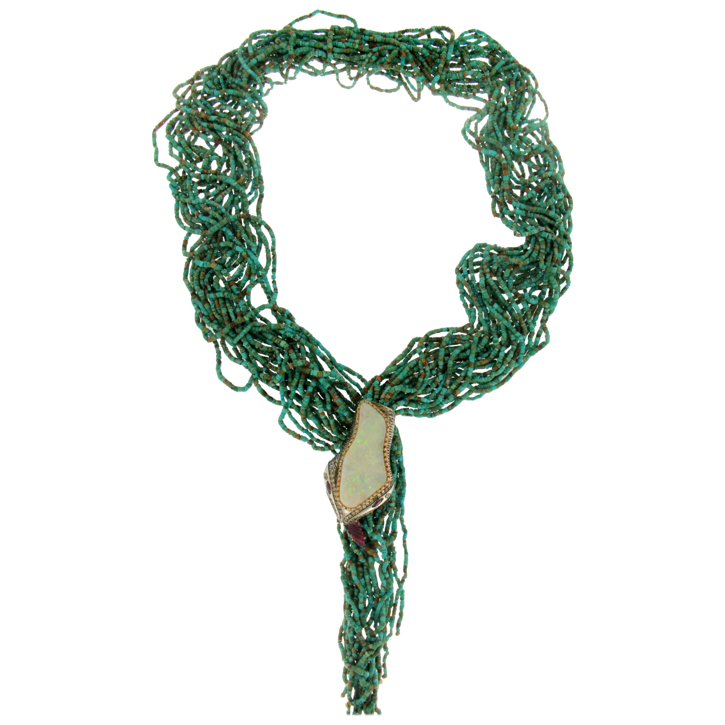 Handcraft Snake 14 Karat Gold Opal Diamonds Turquoise Tourmaline Drop Necklace