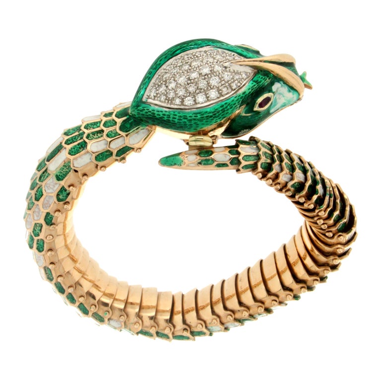 Handcraft Snake 14 Karat Yellow Gold Diamonds and Enamel Cuff Bracelet ...