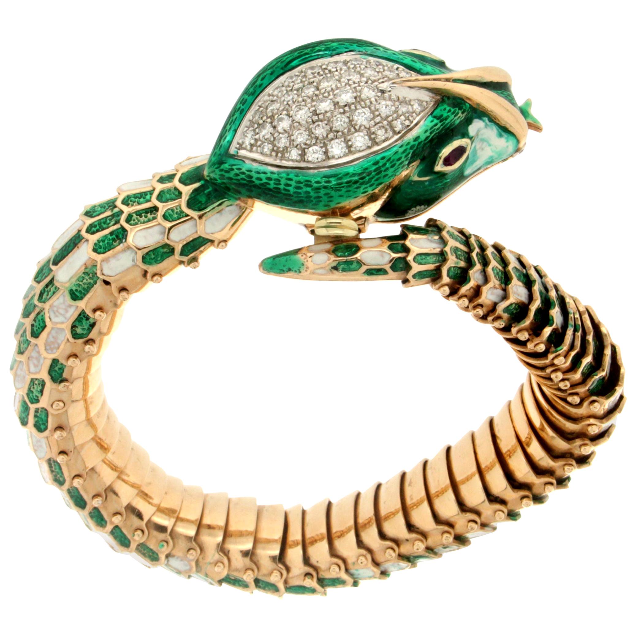 Gold Enamel and Diamond Snake Bracelet at 1stDibs