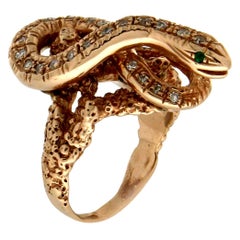 Handcraft Snake 14 Karat Yellow Gold Diamonds Cocktail Ring