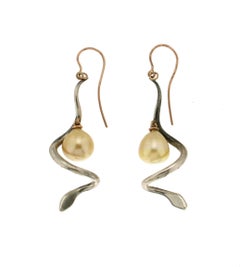 Handcraft Snake 9 Karat Yellow Gold Diamonds Baroque Pearls Drop Earrings