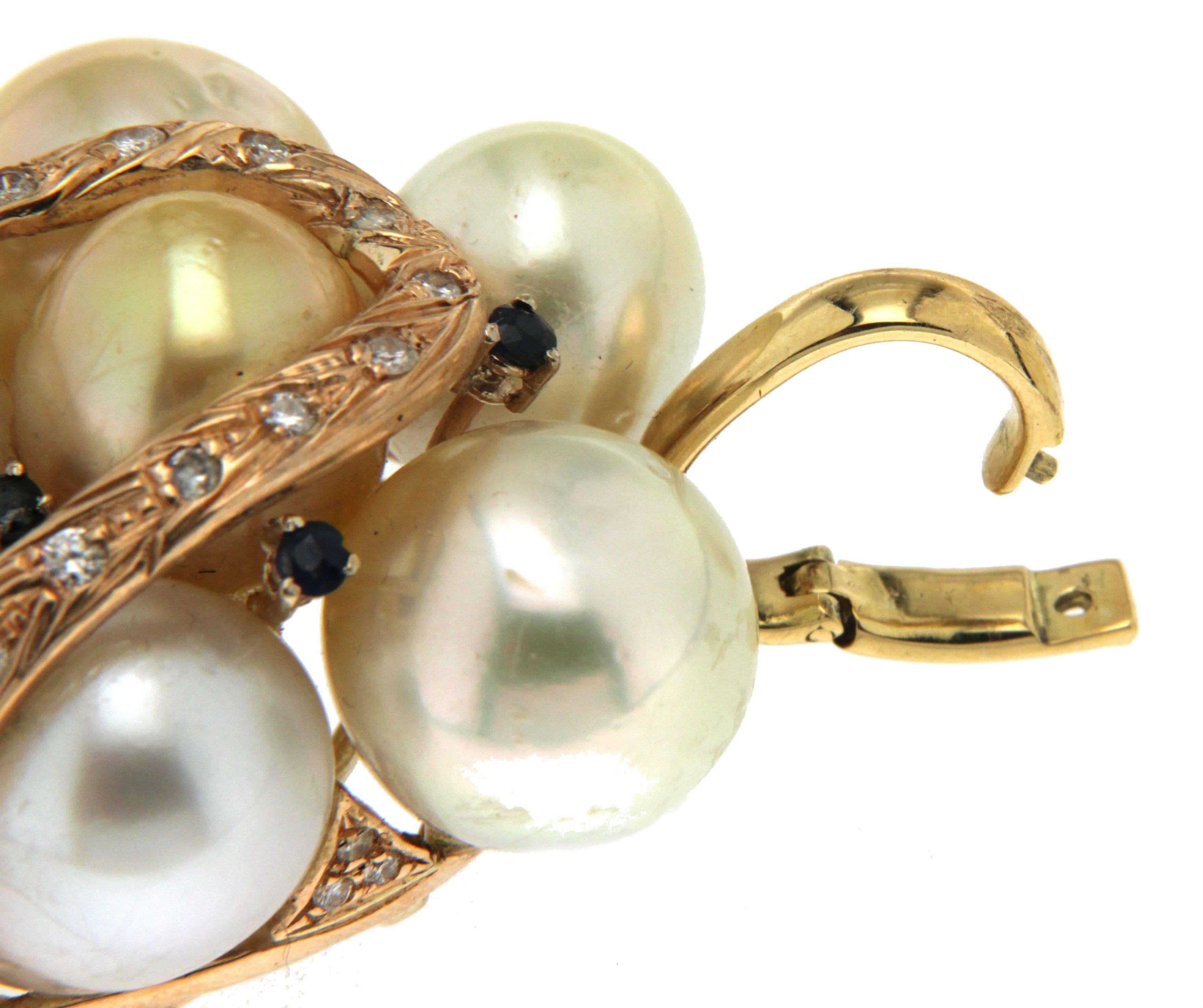 Artisan Handcraft Snake 14 Karat Yellow Gold Diamonds Sapphires Pearls Pendant Necklace For Sale