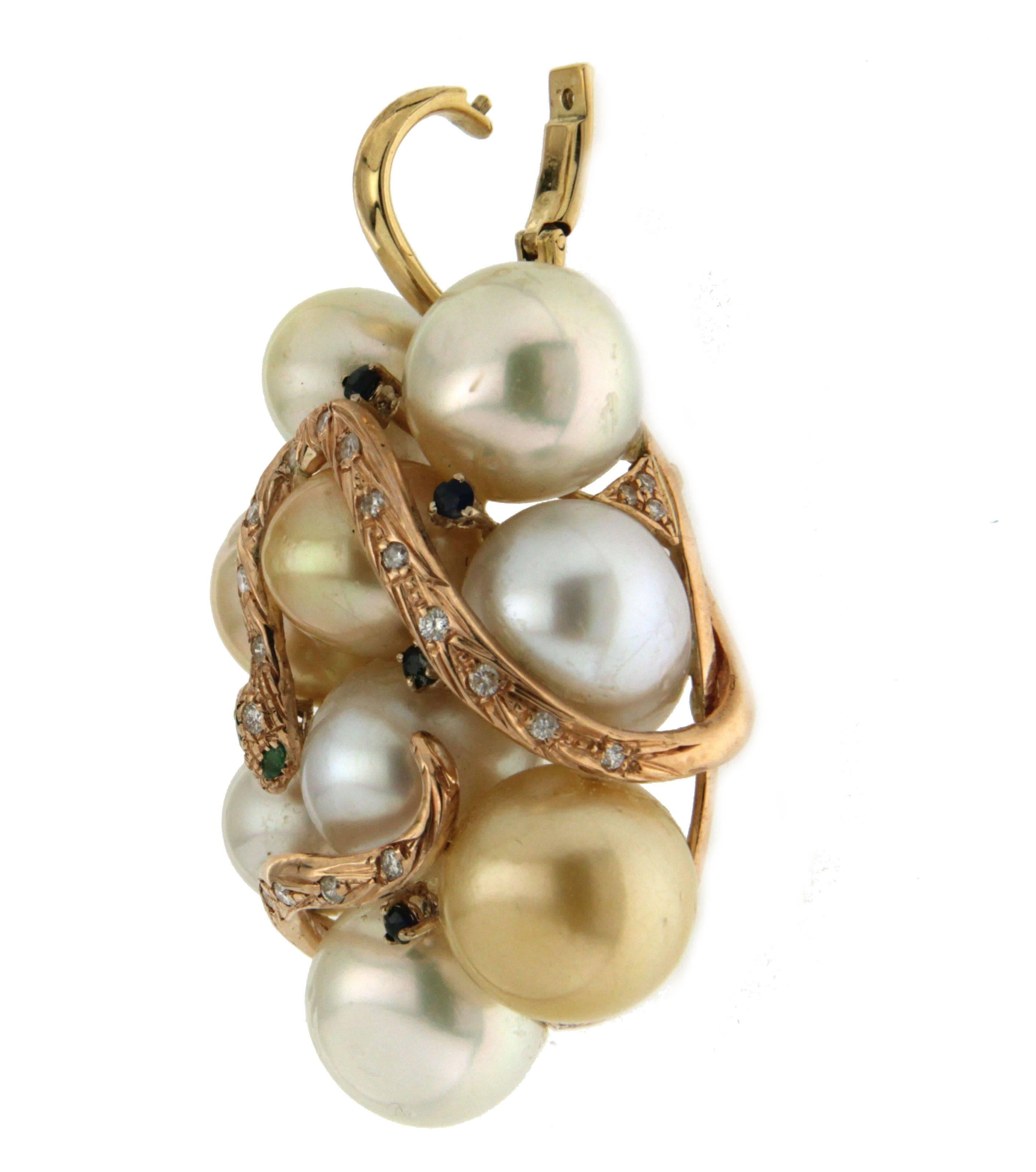 Brilliant Cut Handcraft Snake 14 Karat Yellow Gold Diamonds Sapphires Pearls Pendant Necklace For Sale