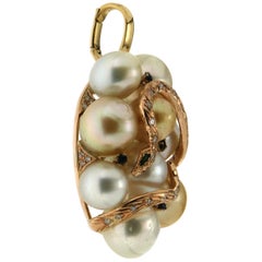 Handcraft Snake 14 Karat Yellow Gold Diamonds Sapphires Pearls Pendant Necklace