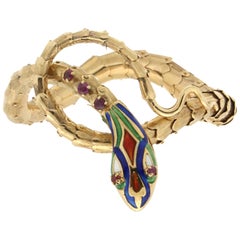 Handcraft Snake 14 Karat Yellow Gold Ruby Cuff Bracelet