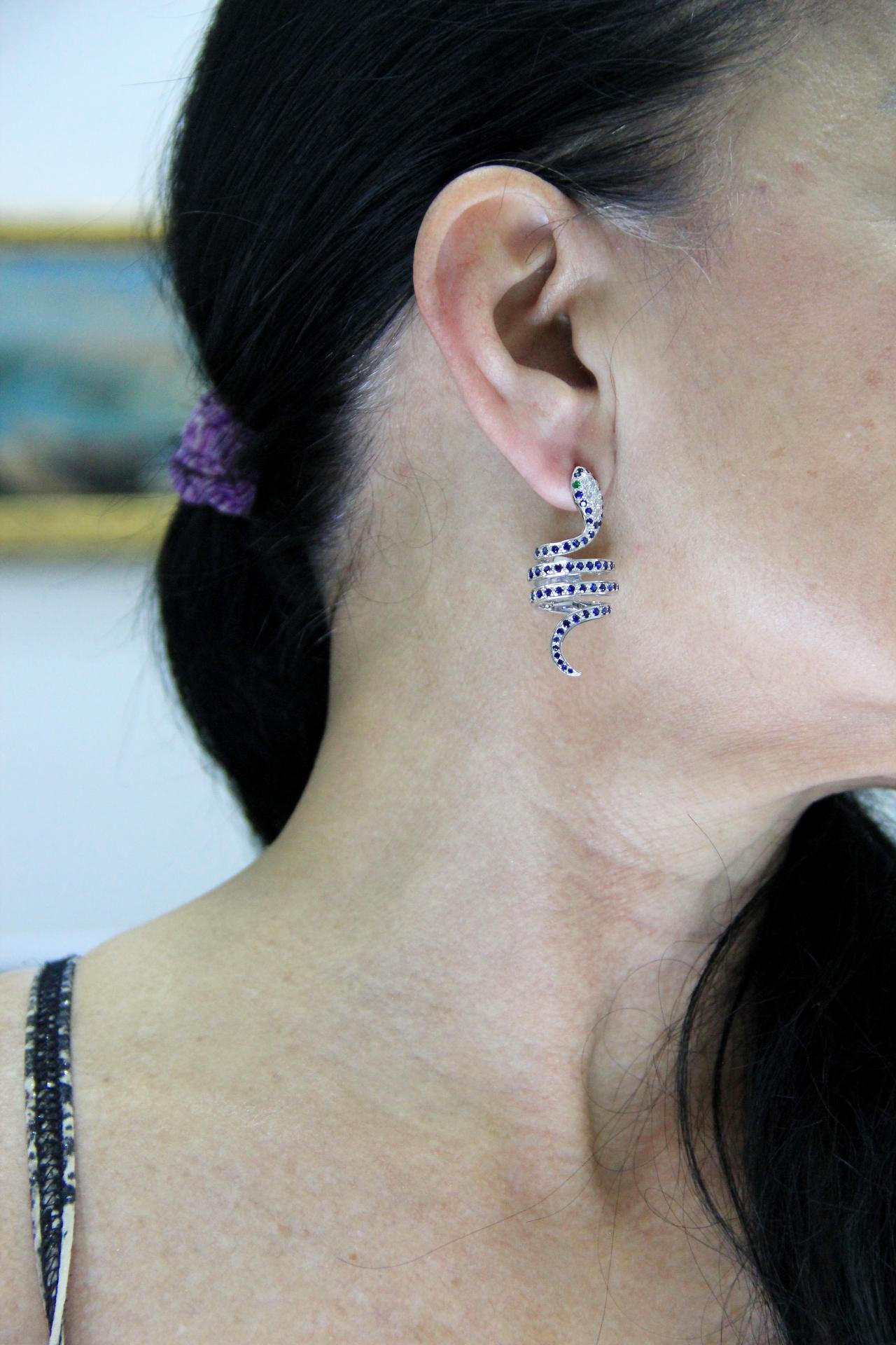 Women's or Men's Handcraft Snake 18 Karat White Gold Diamonds Sapphires Emeralds Stud Earrings