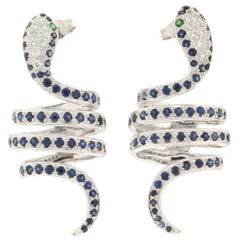 Handcraft Snake 18 Karat White Gold Diamonds Sapphires Emeralds Stud Earrings