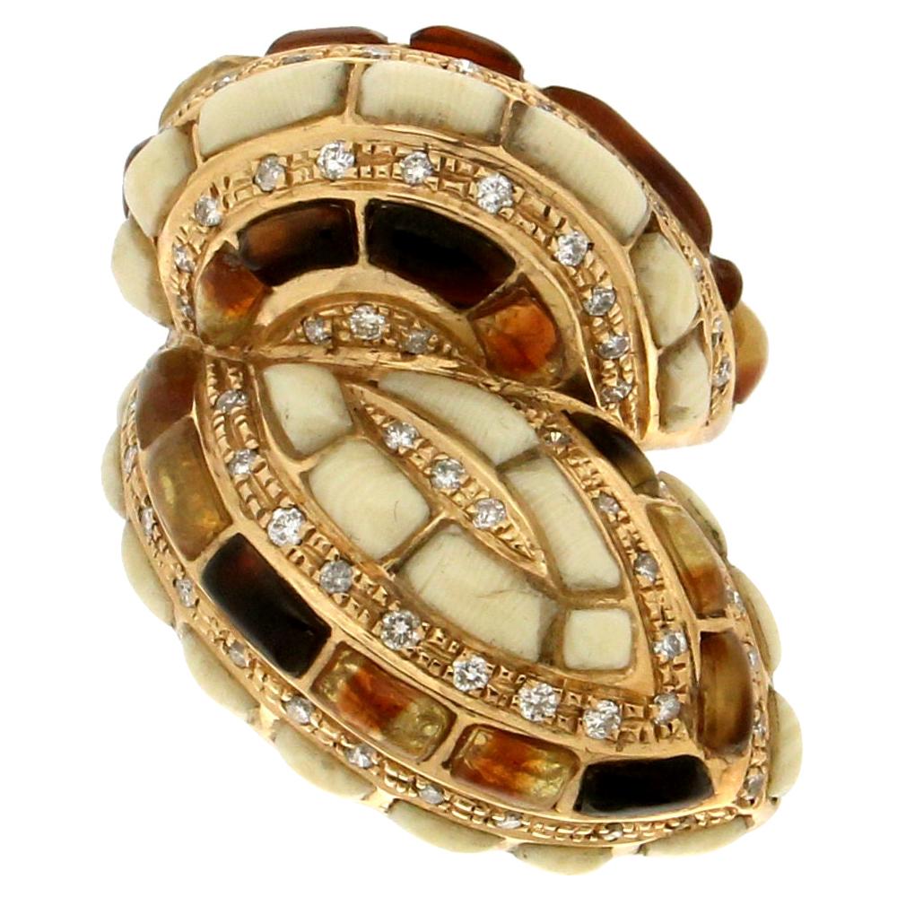 Handcraft Snake 18 Karat Yellow Gold Diamonds and Agate Cocktail Ring For Sale