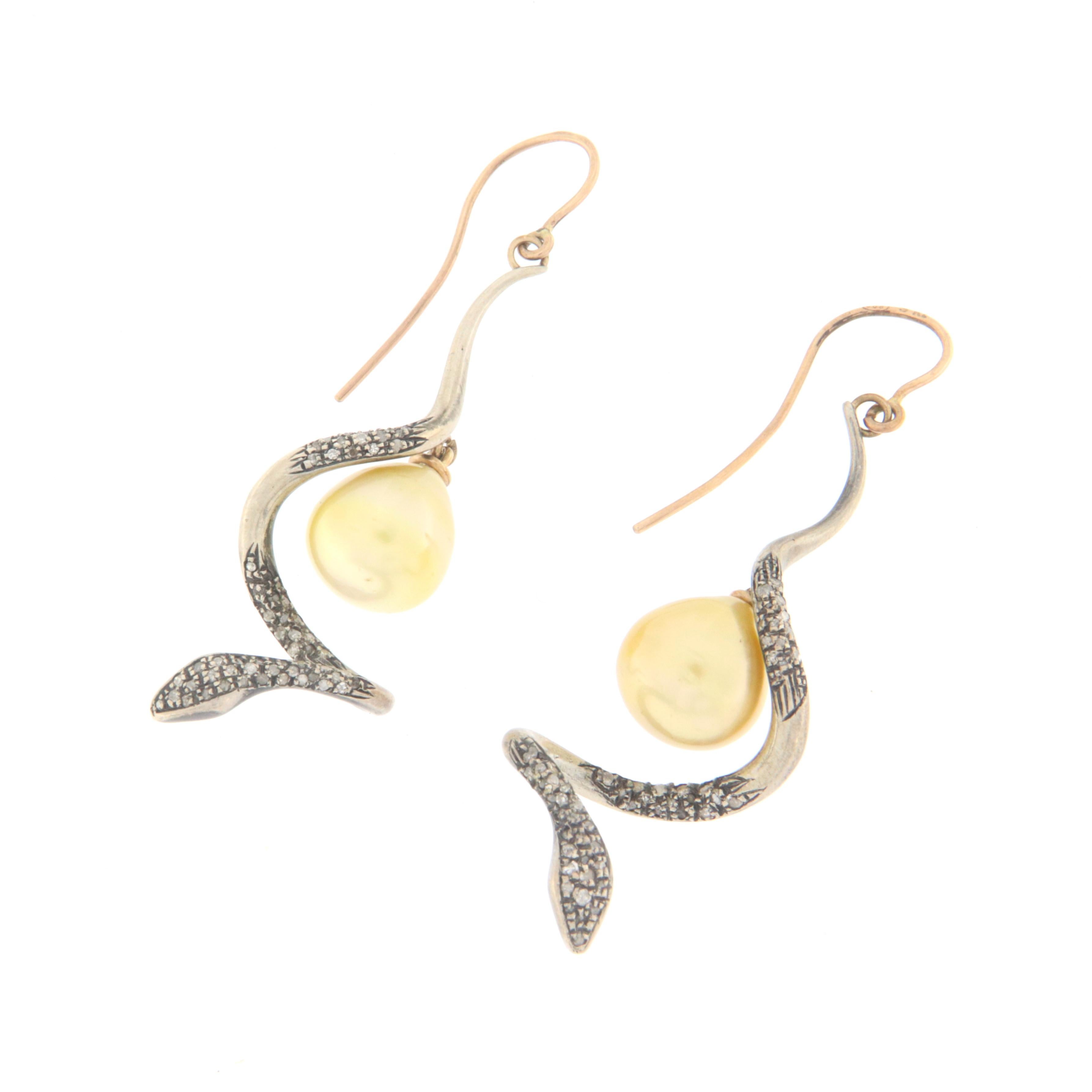 Women's or Men's Handcraft Snake 9 Karat Yellow Gold Diamonds Baroque Pearls Drop Earrings For Sale