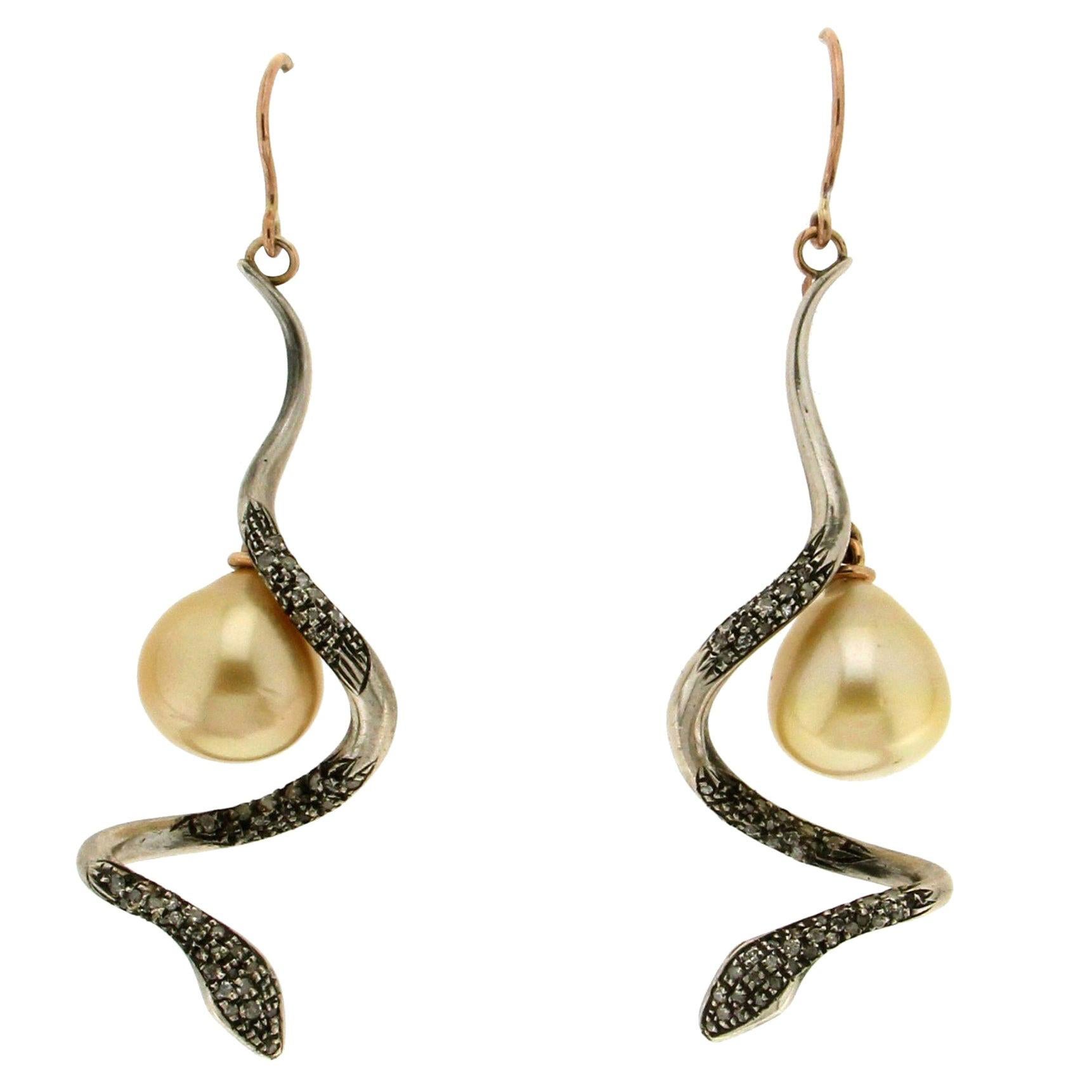 Handcraft Snake 9 Karat Yellow Gold Diamonds Baroque Pearls Drop Earrings For Sale
