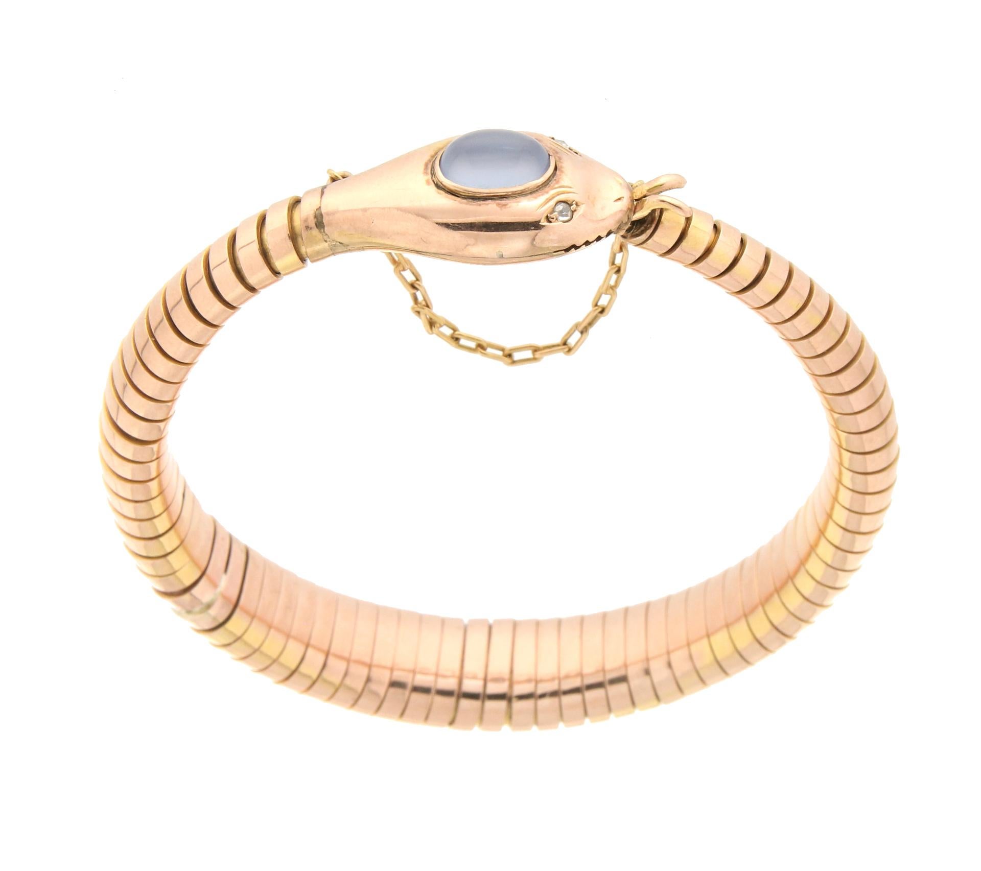 Handgefertigtes Tubogas-Armband, Schlange 9 Karat Gelbgold Diamanten Chalcedon im Zustand „Neu“ im Angebot in Marcianise, IT