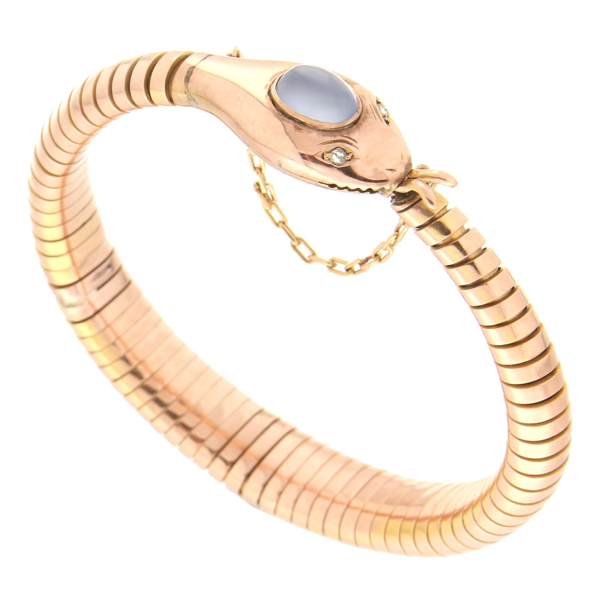 Handgefertigtes Tubogas-Armband, Schlange 9 Karat Gelbgold Diamanten Chalcedon