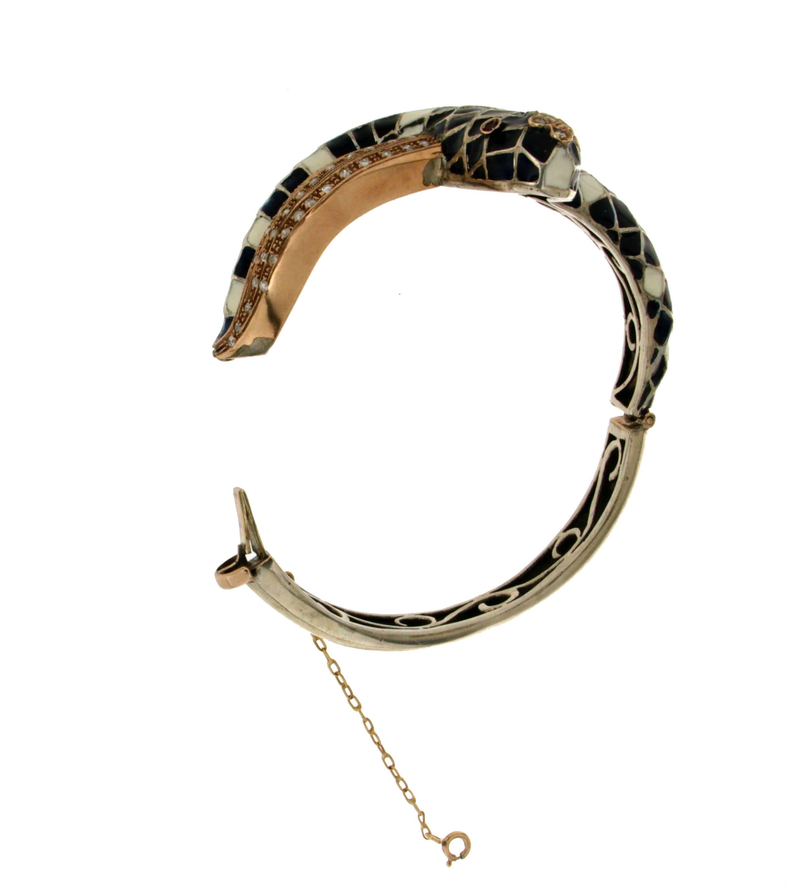 Women's or Men's Handcraft Snake 9 Karat Yellow Gold Diamonds Clamper Bracelet For Sale