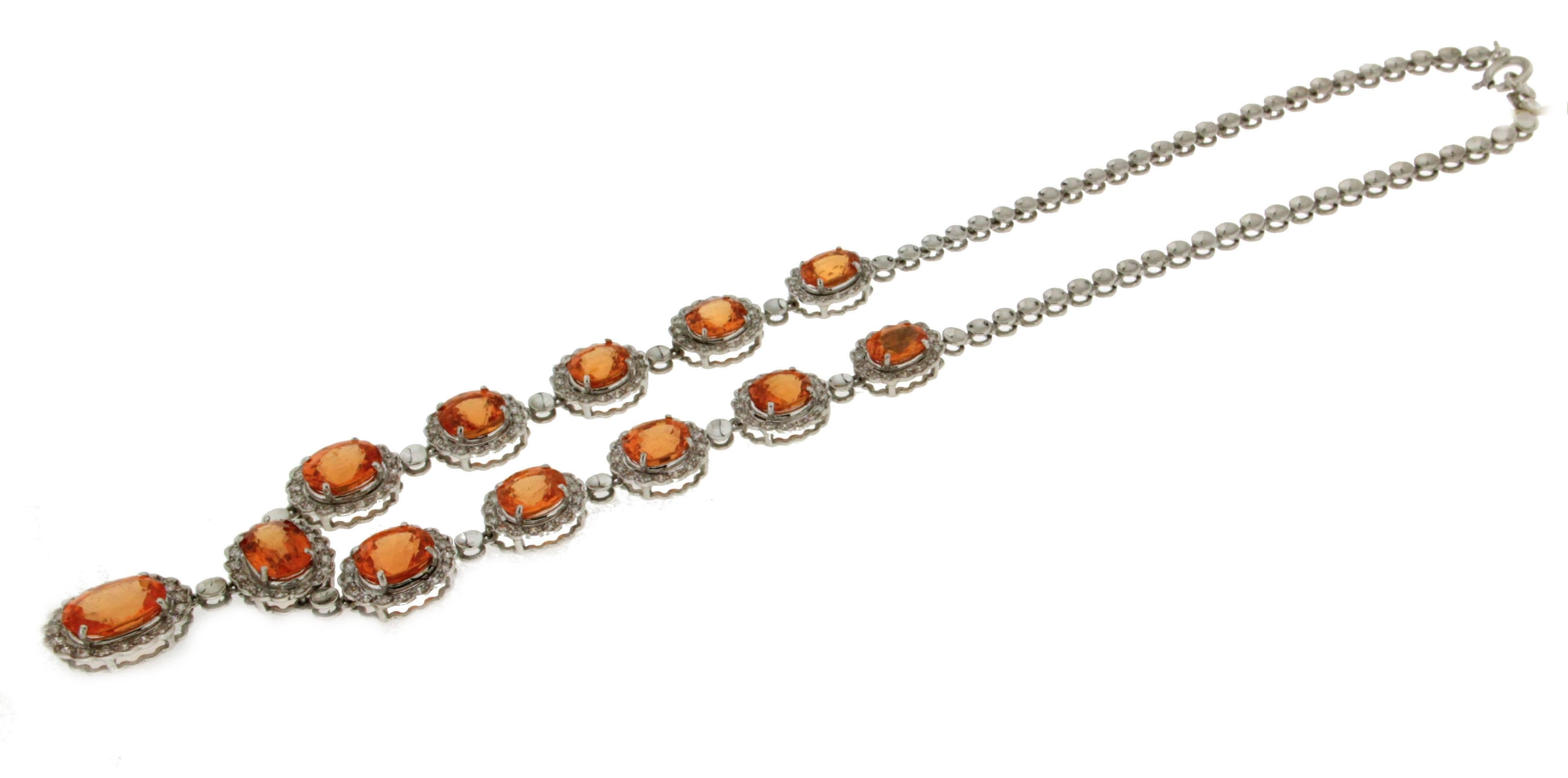 Women's or Men's Handcraft Spessartine Garnet 18 Karat White Gold Diamonds Drop Necklace