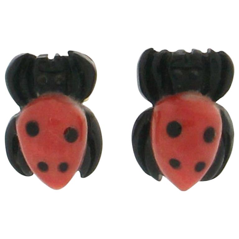 Handcraft Spider 18 Karat Yellow Gold Coral Ebony Stud Earrings For Sale